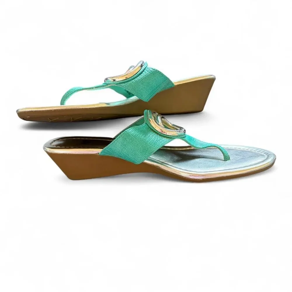 Turquoise teal wedge sandals with
